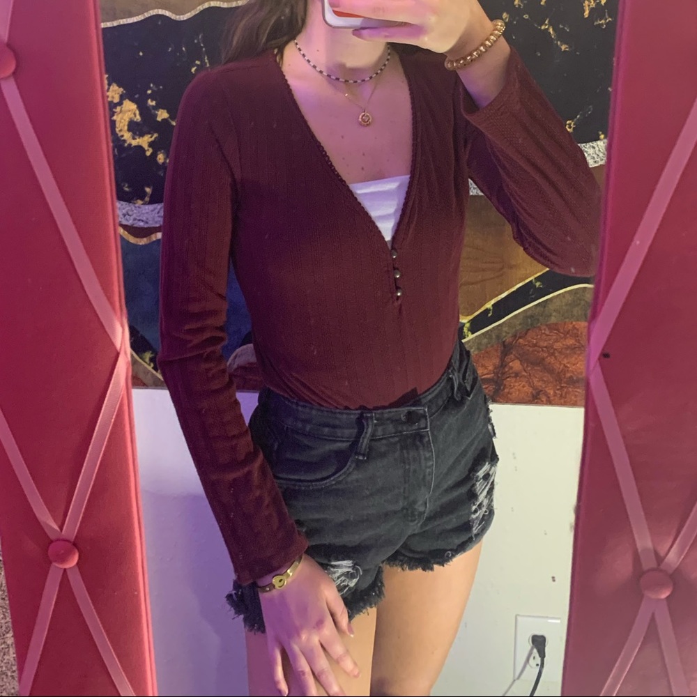 Maroon V-Neck Body Suit